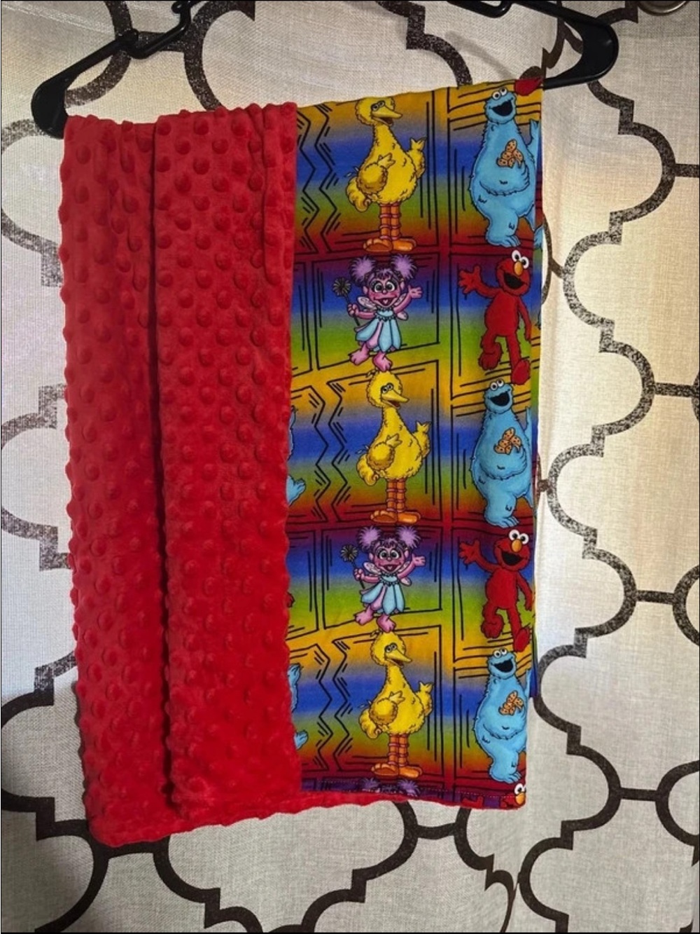 BAMBOO Red Minky Blanket with Colorful Sesame Street Character Panel